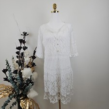 Italy Kleid Tunika Ibiza Hängerchen mit Häkel Spitze Größe 38 40 42 Weiß