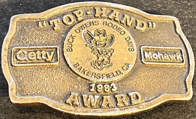 Owens 1983 Rodeo TOP-HAND AWARD Belt Buckle Solid Brass 3.75''x2.5'' Mohawk Getty