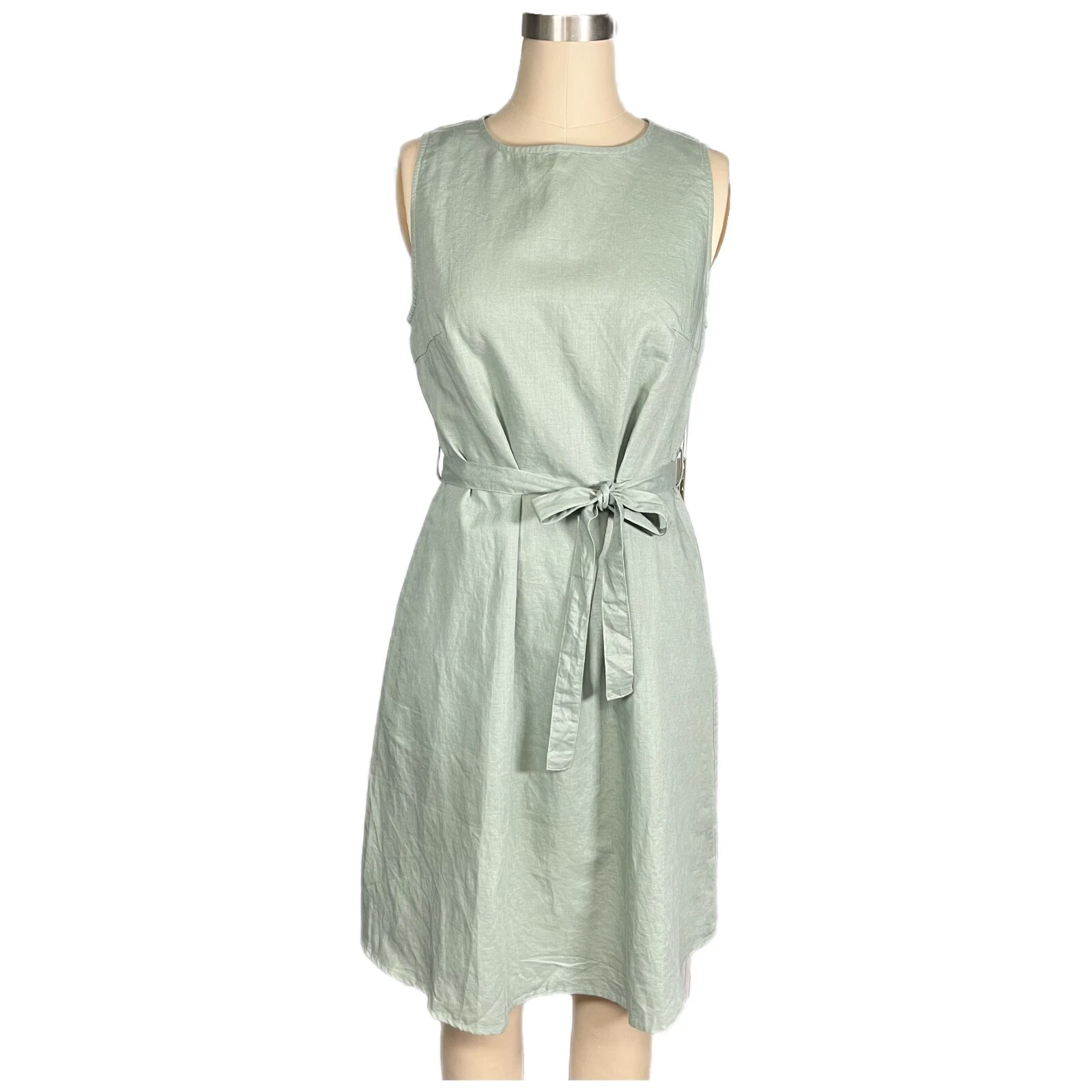 Grae Cove Linen Blend Dress Small Green Sleeveless Belted Pockets Knee  Length