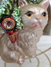 Kurt Adler Cat ORNAMENT- CAT UNDER CHRISTMAS TREE- Blown Glass 6" NIB