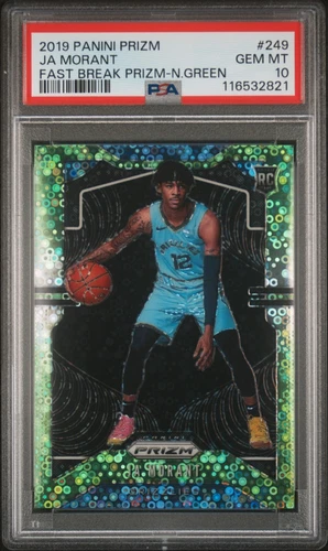 JA MORANT RC 2019 PANINI PRIZM #249 FAST BREAK PRIZM NEO GREEN   /5 -  (PSA 10)