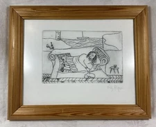 Signed Liz Piper Original Pencil Drawing Naive Sea Boat Cat Dog Lady Sofa Table