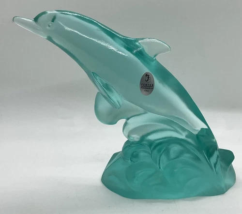 Fenton Art Glass Dolphin On A Wave Aqua Blue Turquoise 9” Figurine Paperweight