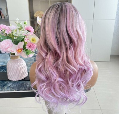 HD Front Lace Human Hair Blend Highlights Wavy Purple Pink  display picture 1