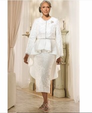 Size 8 Ashro White Formal Wedding Church  Mandisa Rhinestone & Lace Skirt Suit