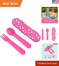 Kids Utensil Set - Reusable Plastic Fork, Spoon  Storage Case BPA-Free Mater...