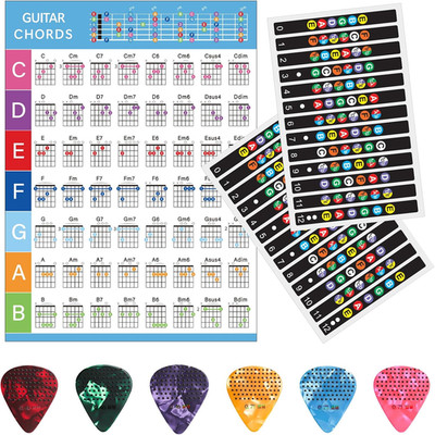Guitar Fretboard Stickers with Chord Chart Color Coded Note Decals Tools