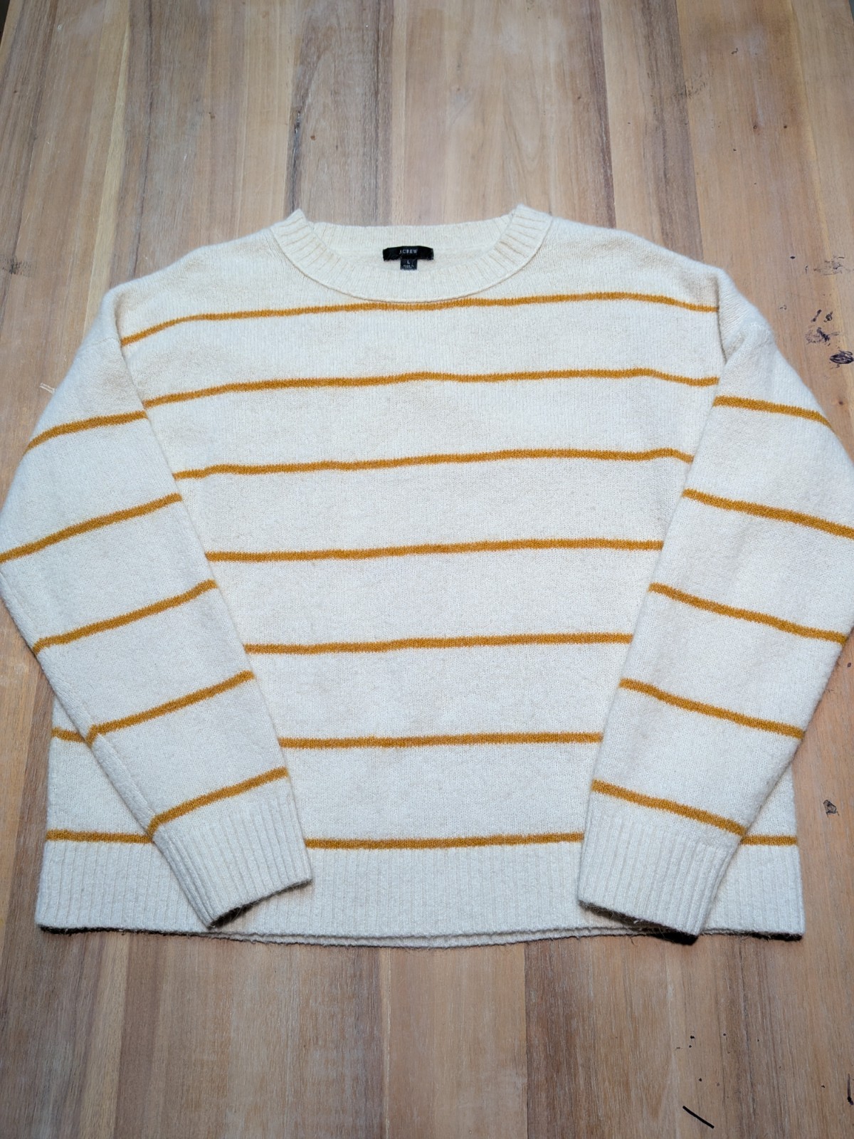 J Crew Sweater Women L Cream Tan Striped Oversized Alpaca Wool Blend Crewneck