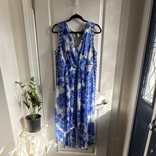 Simply Vera Vera Wang Blue White Floral Sleeveless Midi V-Neck A-Line Dress PXL