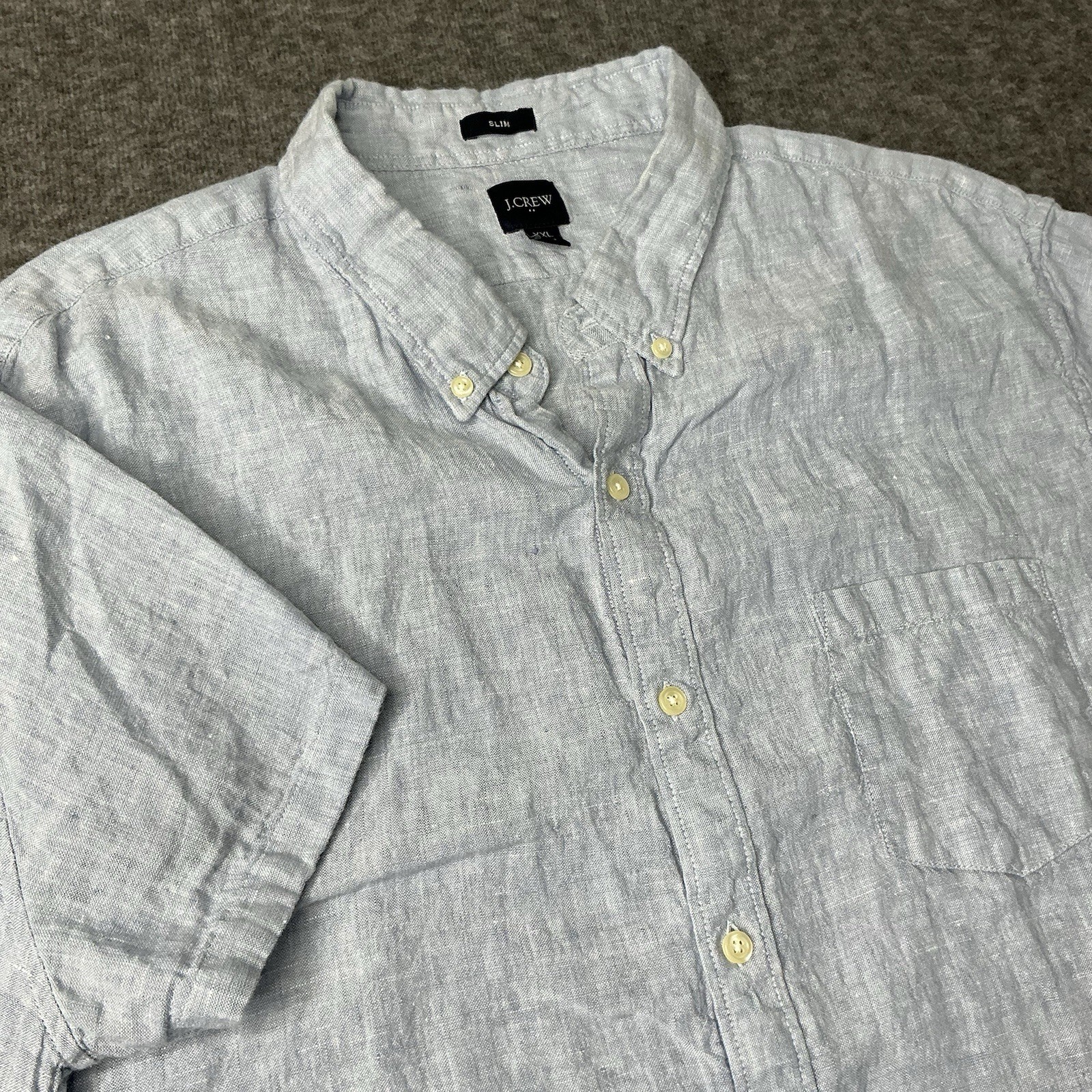 J Crew Linen Blend Slim Fit Short Sleeve Button Down Shirt Men 2XL Blue
