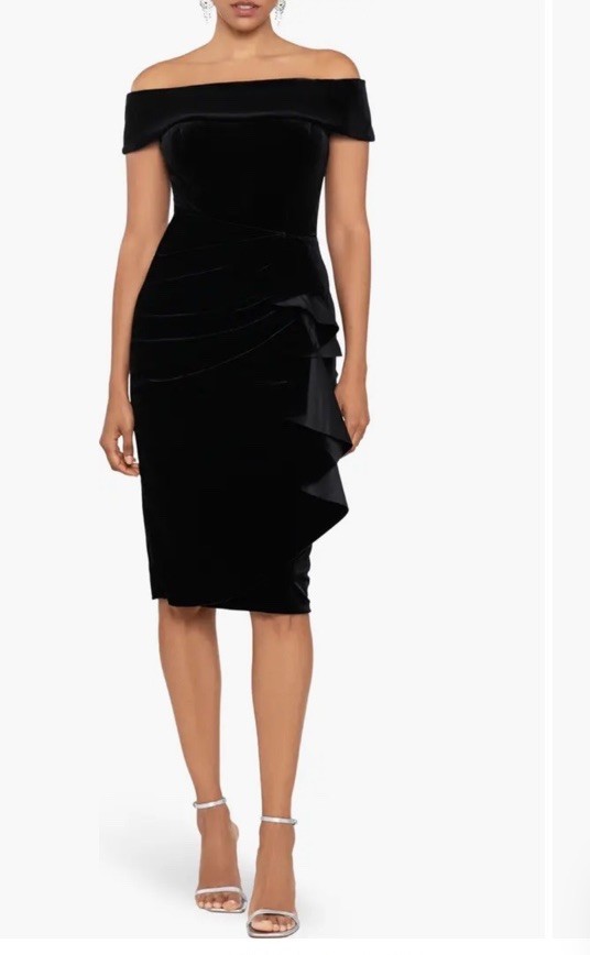 xscape velvet off-the-shoulder sheath dress Xscape Evenings "Christy" Off the Shoulder Velvet Evening Dress 3904X