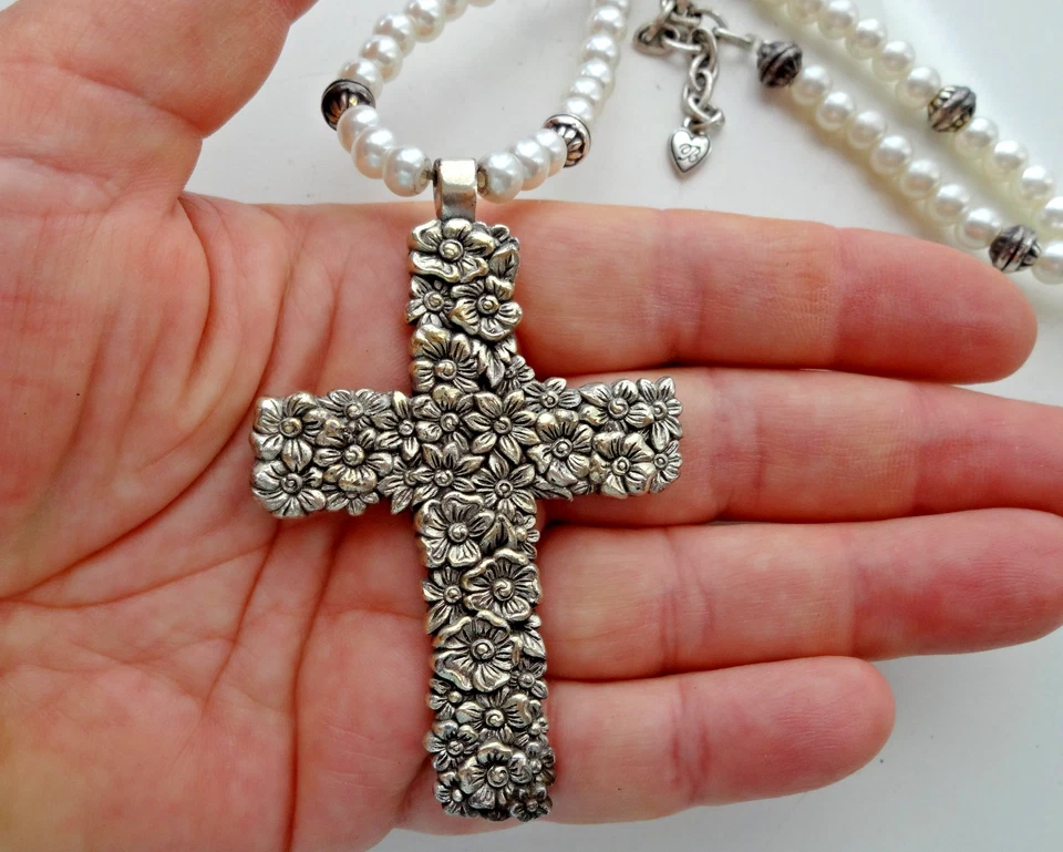 Брайтон большой Лола крест цветок жемчуг серебряная пластина подвеска бисером ожерелье 32» - Изображение 2 из 4