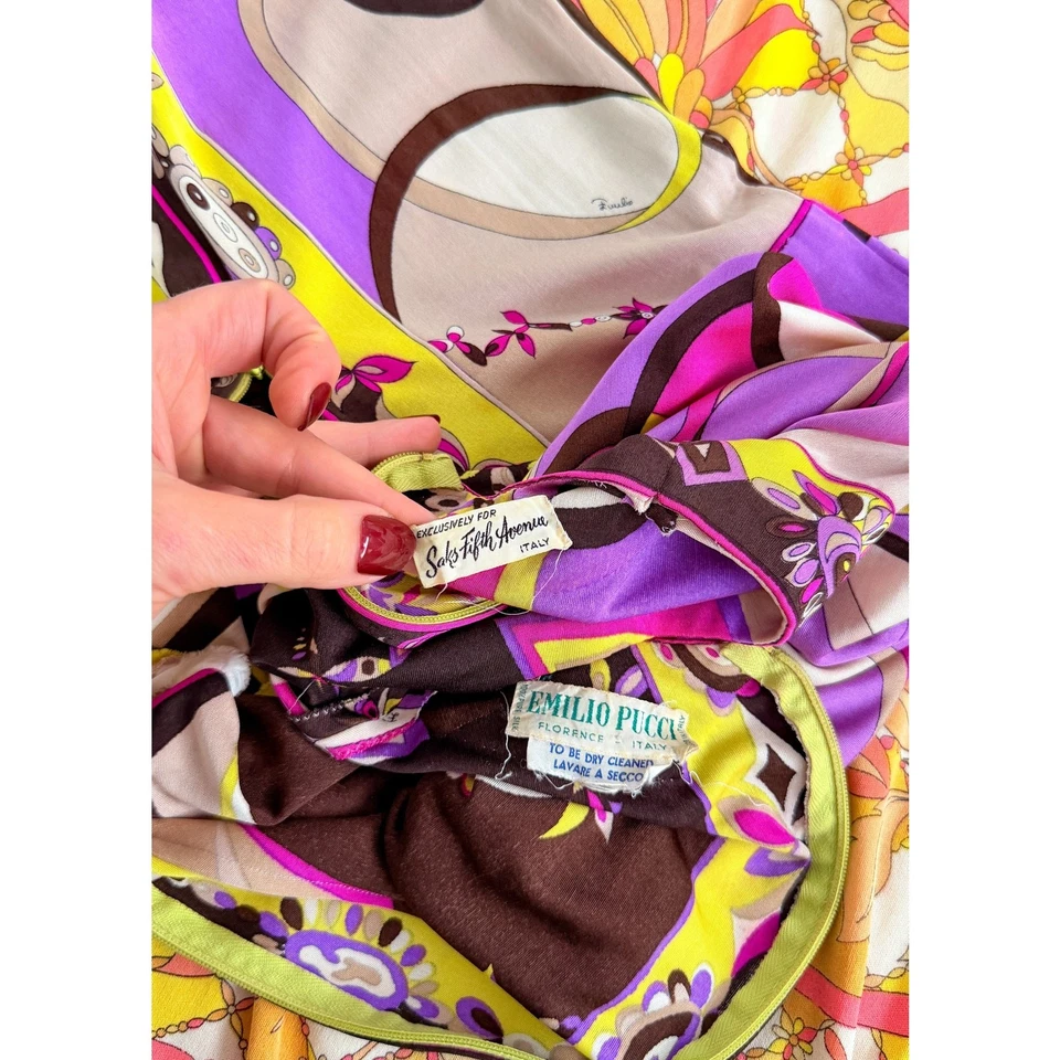 罕见 20 世纪 60 年代 Emilio Pucci 真丝紫色棕色粉红色抽象长裙意大利复古 — 第 3/4 张图片