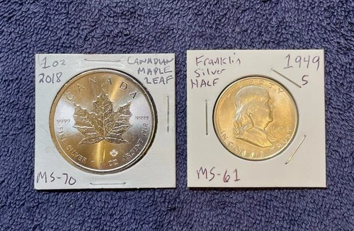 1 Oz. Silver Canadian Maple Leaf & a Franklin Silver Half Dollar (1949 S)
