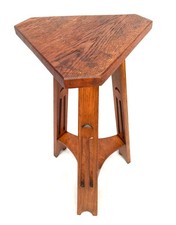 Antique Arts & Crafts Oak Wooden Carved Tripod Occasional Lamp Plant Table c1930