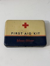 Vintage Johnson & Johnson First Aid Kit Tin With Contents Gauze Cotton Tape
