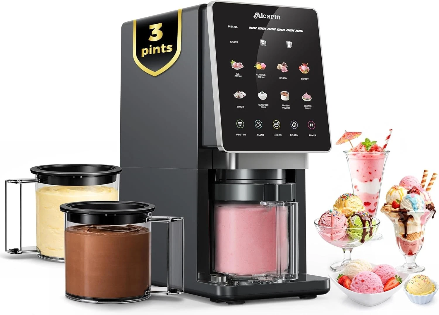 Alcarin Electric Ice Cream Maker Machine Black Touch Control 10-Programs 3 Pints