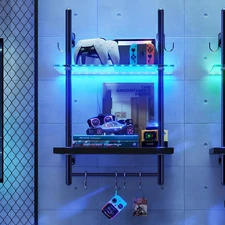 LED Gaming Floating Shelves for Wall, 15" Wall Mounted Shelf Pipe Glass Shelves,