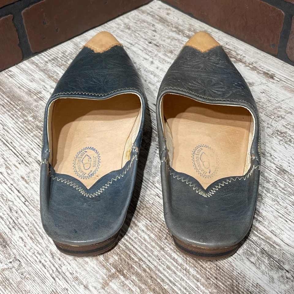 Moroccan Slipper Shoes Babouches Extra Maroc Woman’s Size 8.5 Blue Tan - Image 2 of 4