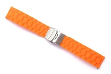 22mm Orange Silicone Rubber Mens Watch Strap W/ Silver Tone Deployment Clasp  
