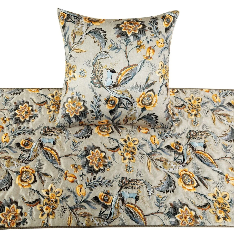 Cama Queen Decorativa Corredor Gris Amarillo Pavo Real, Borlas Acolchadas - Pavo Real Swag Foto 2 de 4