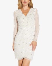 ADRIANNA PAPELL 10 Ivory/Pearl Long Sleeve Beaded Cocktail Dress NWT 249
