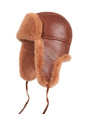 Aviator Trapper Ushanka Leather Shearling Sheepskin Fur Hat - Peach Brown