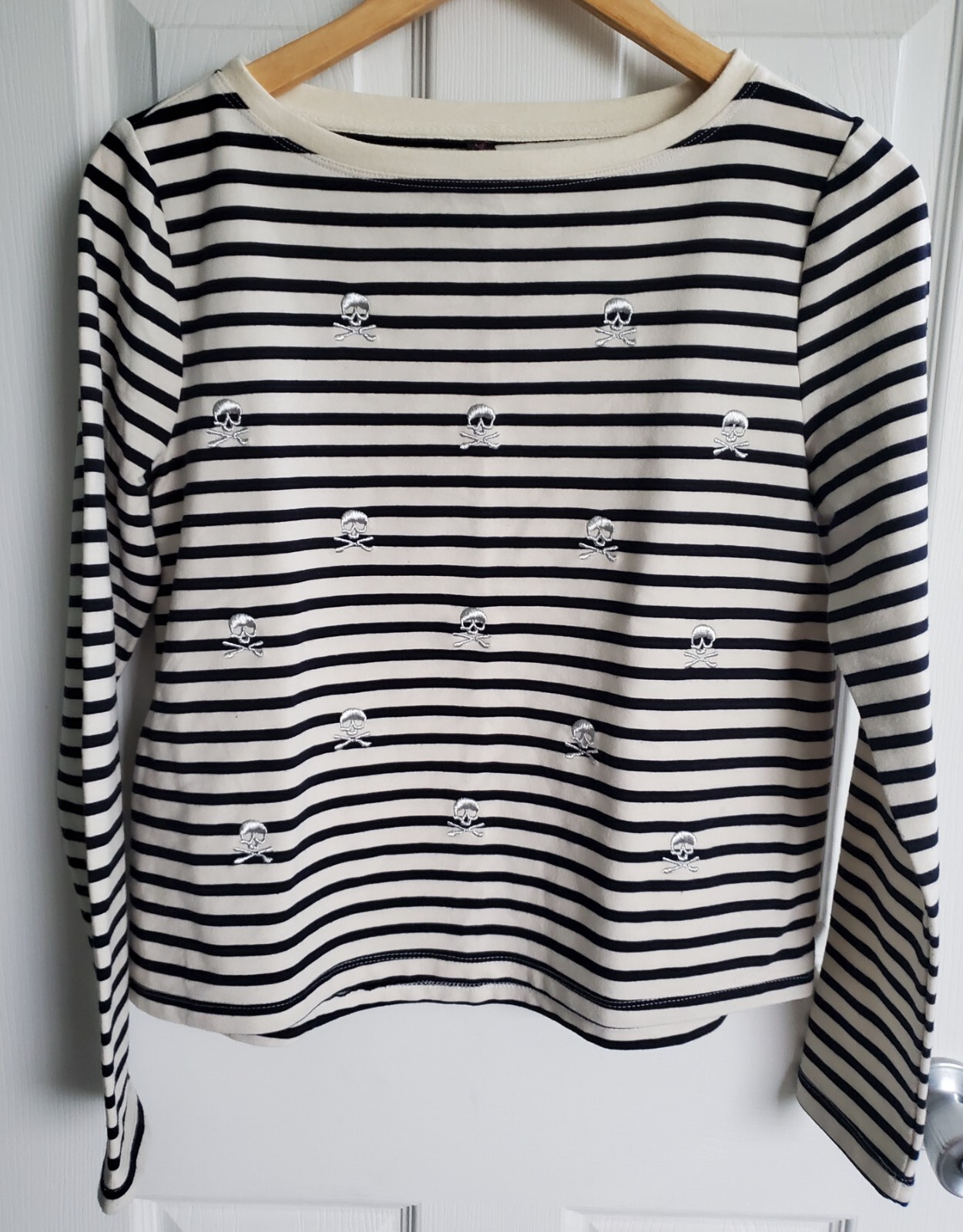 BETSEY JOHNSON Women's S Striped Cropped Top Skull Theme Boat Neck Pullover