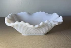 Vintage White Milk Glass Square Bowl Diamond Hobnail Scalloped Edges 6"