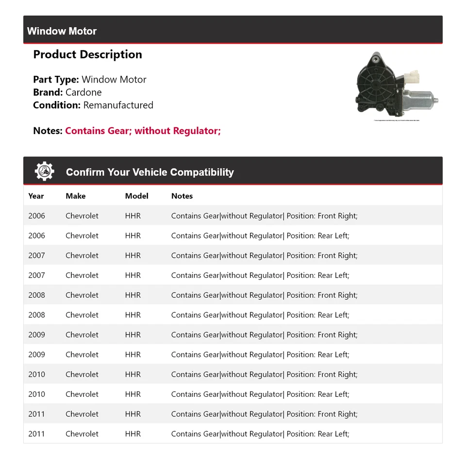 Para Chevrolet HHR 2006-2011 Ventana Motor Cardone 2007 2008 2009 2010 Foto 2 de 3