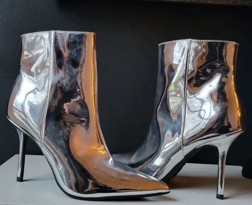 INC SILVER MIRROR FINISH ANKLE BOOTS w/ SPIKE HEEL NWB Sz 7.5