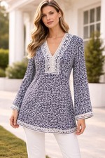 Tory Burch Tunic Top Sz 0 Navy Print White Embroidery V Neck Polyester MINT $328