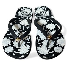 Tory Burch Black Floral Flip Flops Fits 6.5 to 7 Logo