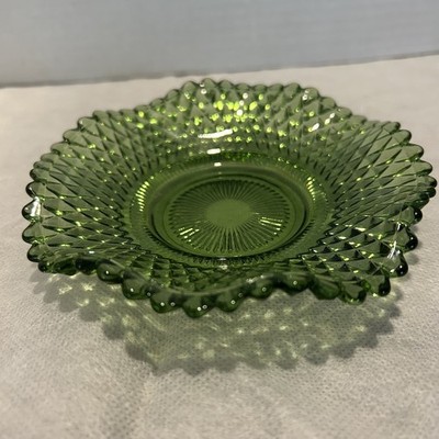 Indiana Glass Green Diamond Point Ruffled Dish Vintage EUC