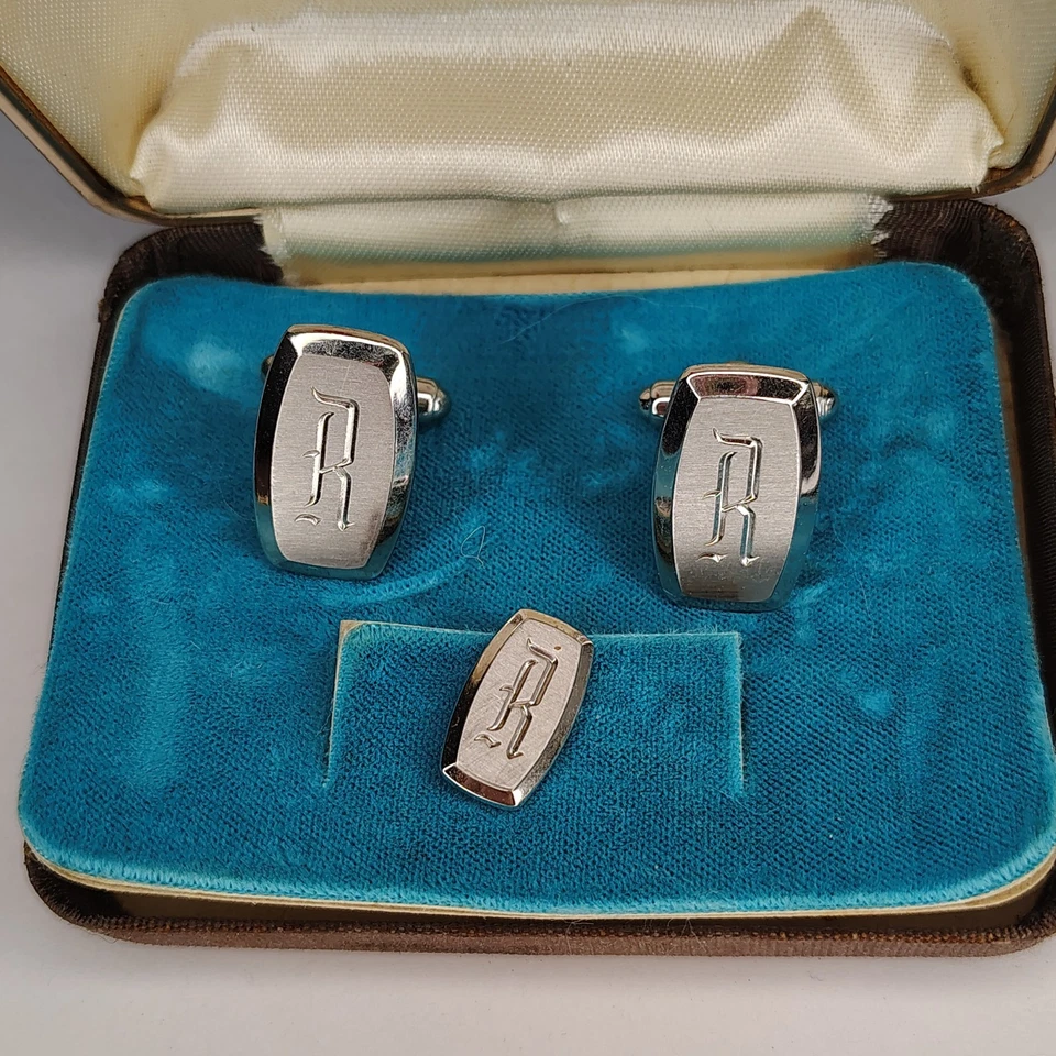 Abotoaduras R monograma tom prata letra inicial nome vintage HICKOK EUA - Imagem 2 de 4