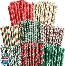 ALINK 100 Christmas Paper Straws, 8 Styles Red Green White Gold B