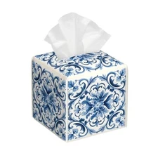 Tissue Box Cover Square PU Leather Waterproof Tissue Box Blue Flower Paisley