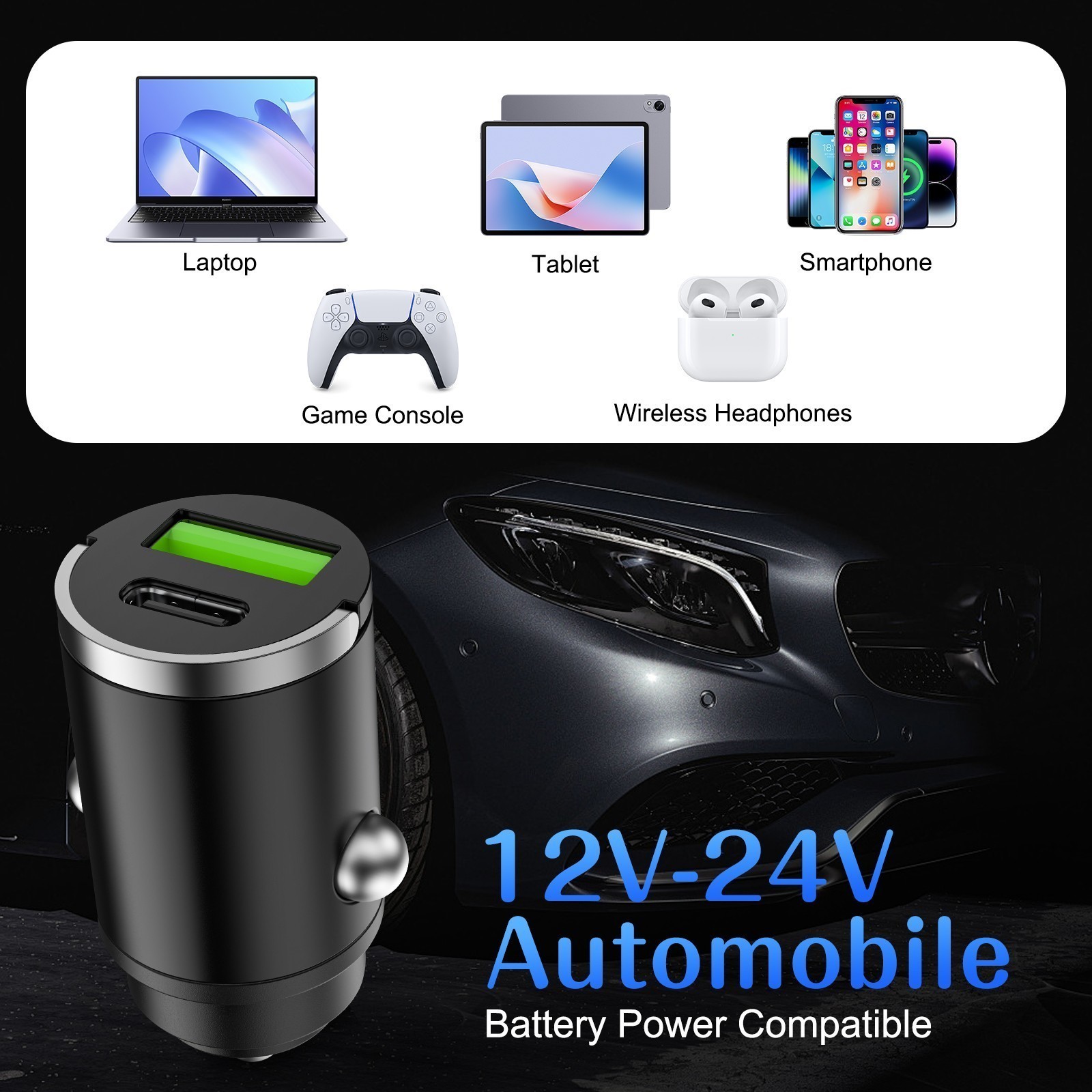 Mini 60W Car Charger Adapter, Dual USB-C & USB-A Ports with Smart Chip 12V-24V