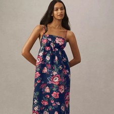 BHLDN Sophia Apron Jacquard Floral Midi Dress Navy Pink – Women's M
