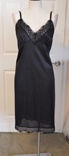 Vintage Womens Underslip 44 Black Nylon Satin Sheer Lingerie 50s 60s Romantic