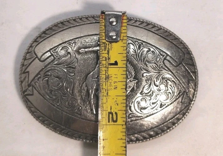 Vintage Crumrine Western Oval Belt Buckle Cowboy Rodeo Silver On Nickel  - Image 4 of 4