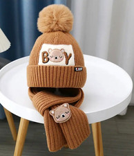 Knit Beanie Hat  Matching Scarf Set, Bear Patch, Pom-Pom, Unisex Baby