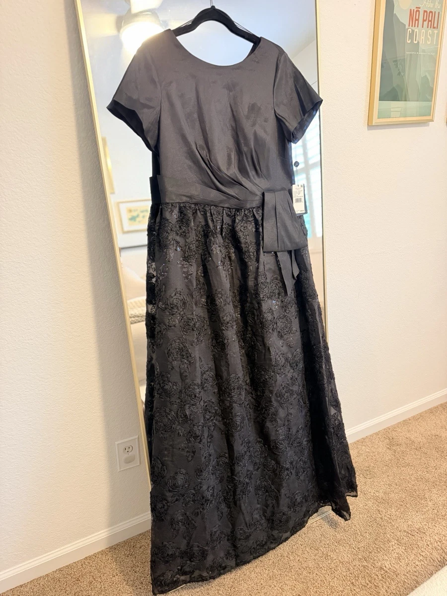 Vestido Adrianna Papell Soutache Detalle Floral Línea A Negro - Talla 16 Nuevo con Etiquetas