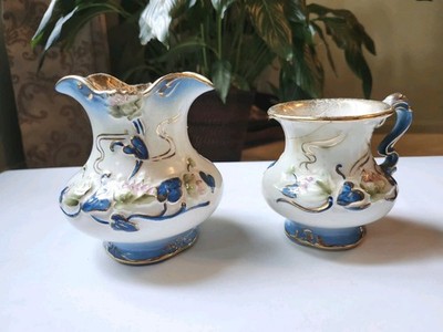 2 Antique HAYNES BALT Cordovan Small Pitchers   Majolica Floral w/ Visible...