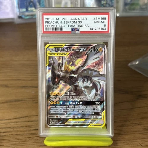 2019 PM SM Black Star Pikachu & Zekrom GX Promo Tag Team Tins FA #SM168 PSA 8