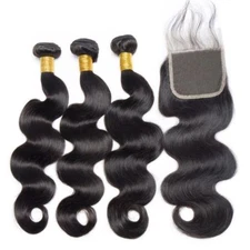 Indian Virgin Hair Body Wave 3 Bundles 14"16"18" With 14" 4 by 4 Lace Closure