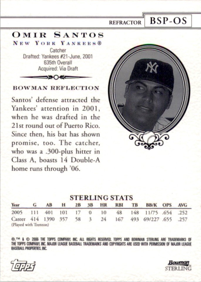 2006 Bowman Sterling GOLD Refractor Omir Santos Yankees NNO eBay