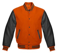 Men's Varsity Letterman Baseball Orange Wool & Pure Black Leather Sleeves Jacket