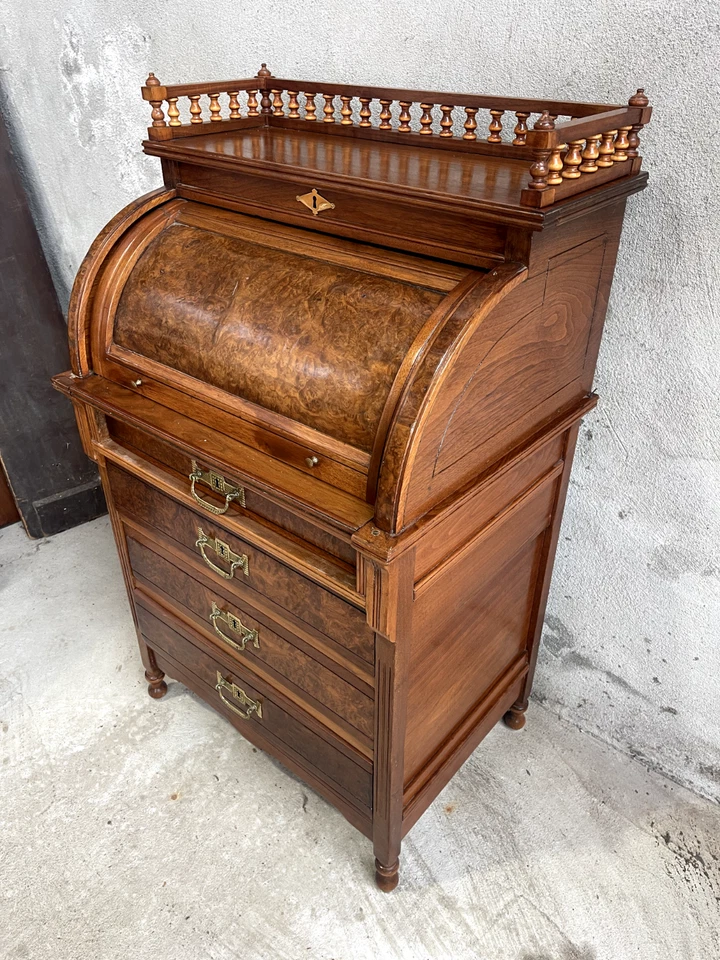 Антикварный викторианский секретарский стол 1880-х с рулонной крышкой из орехового дерева / цилиндром - Изображение 4 из 4