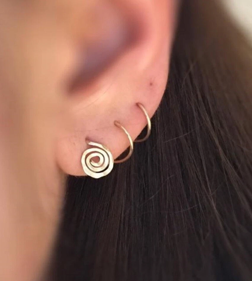 18K Yellow or Rose Gold Spiral Piercing Ear Hoop Threader Earring Triple Ring